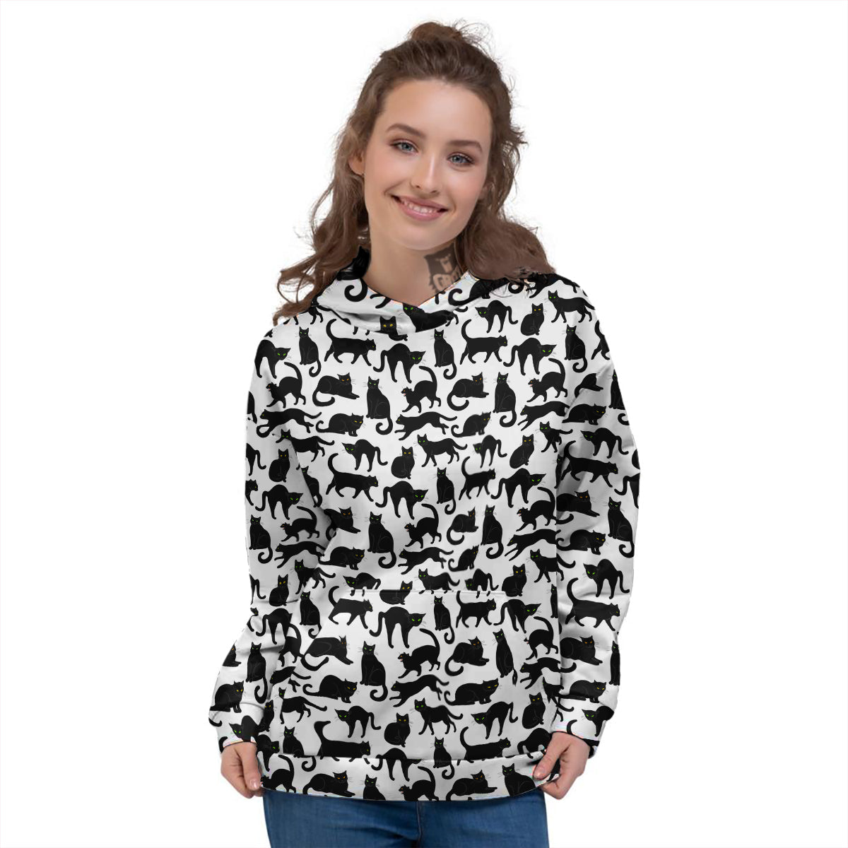 Black Cat And White Print Pattern Women's Hoodie-grizzshop