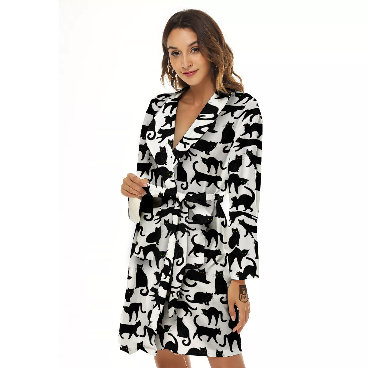 Black Cat And White Print Pattern Women's Robe-grizzshop