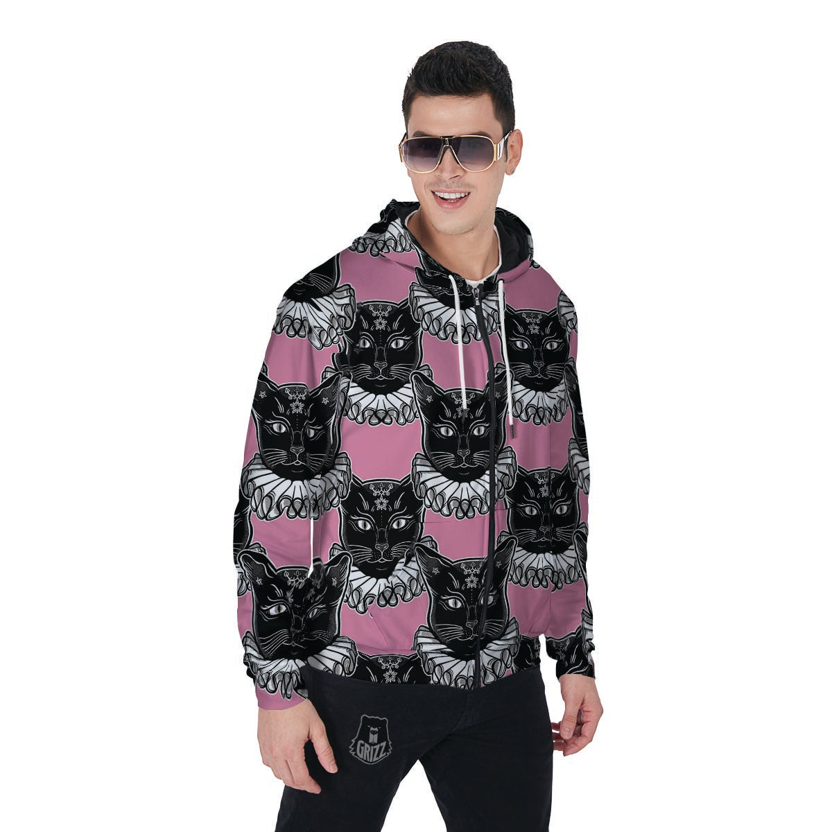 Black Cat Gothic Men's Zip Up Hoodie-grizzshop