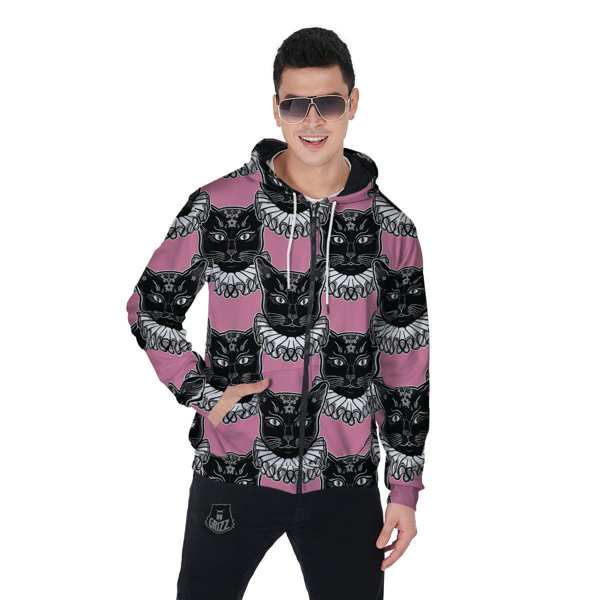 Black Cat Gothic Men's Zip Up Hoodie-grizzshop