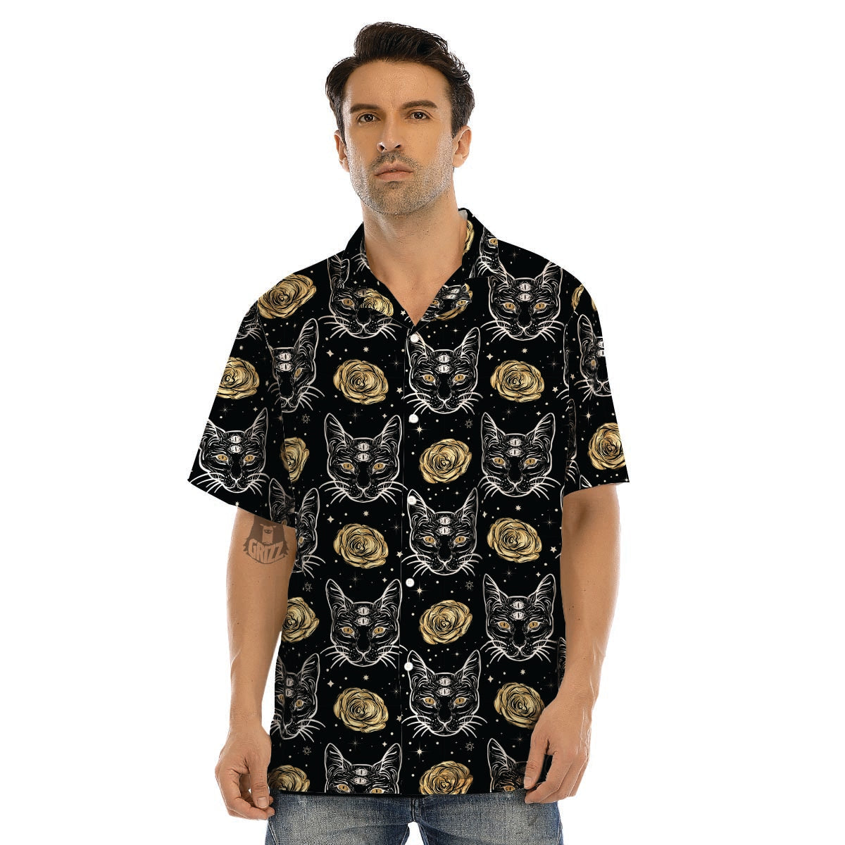 Black Cat Gothic Witch Men’s Hawaiian Shirt-grizzshop