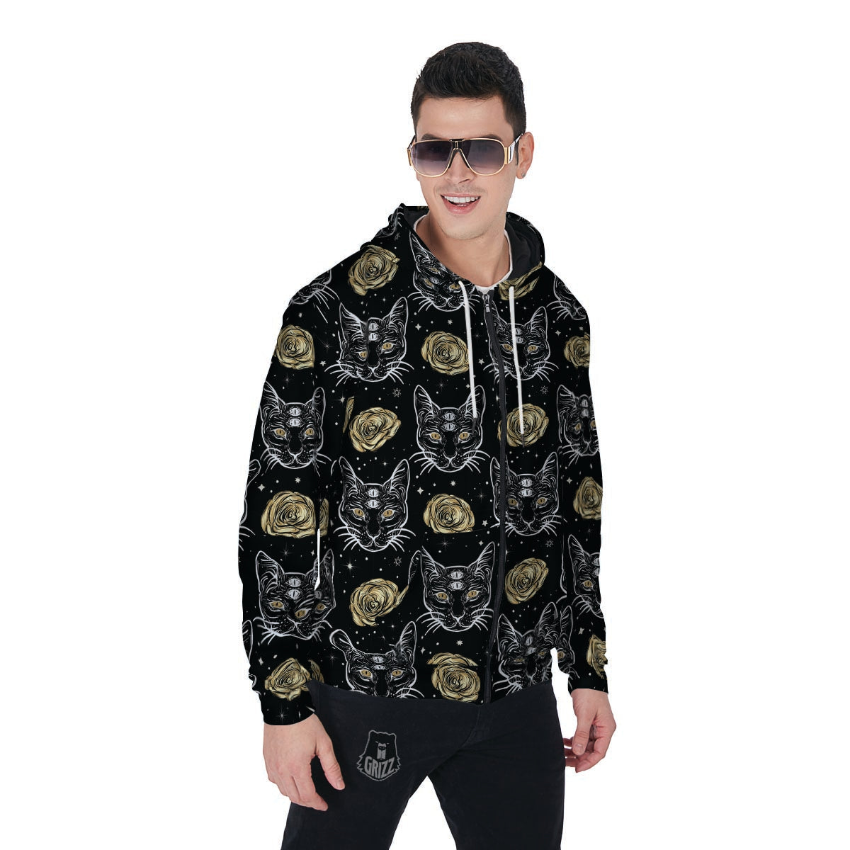 Black Cat Gothic Witch Men's Zip Up Hoodie-grizzshop