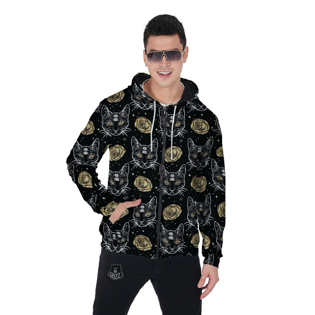 Black Cat Gothic Witch Men's Zip Up Hoodie-grizzshop