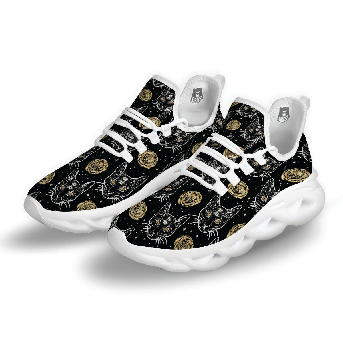 Black Cat Gothic Witch White Running Shoes-grizzshop