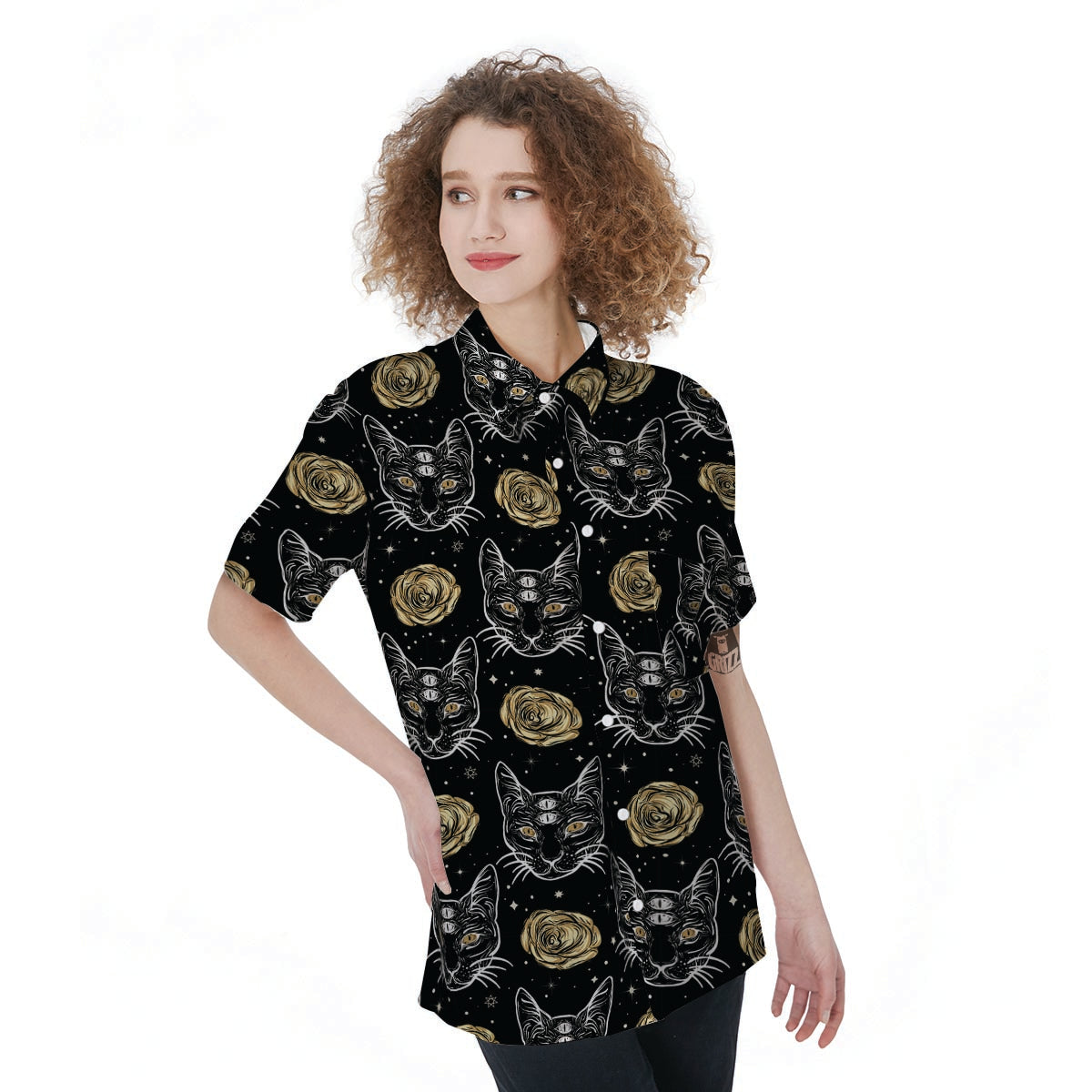 Black Cat Gothic Witch Women's Short Sleeve Shirts-grizzshop