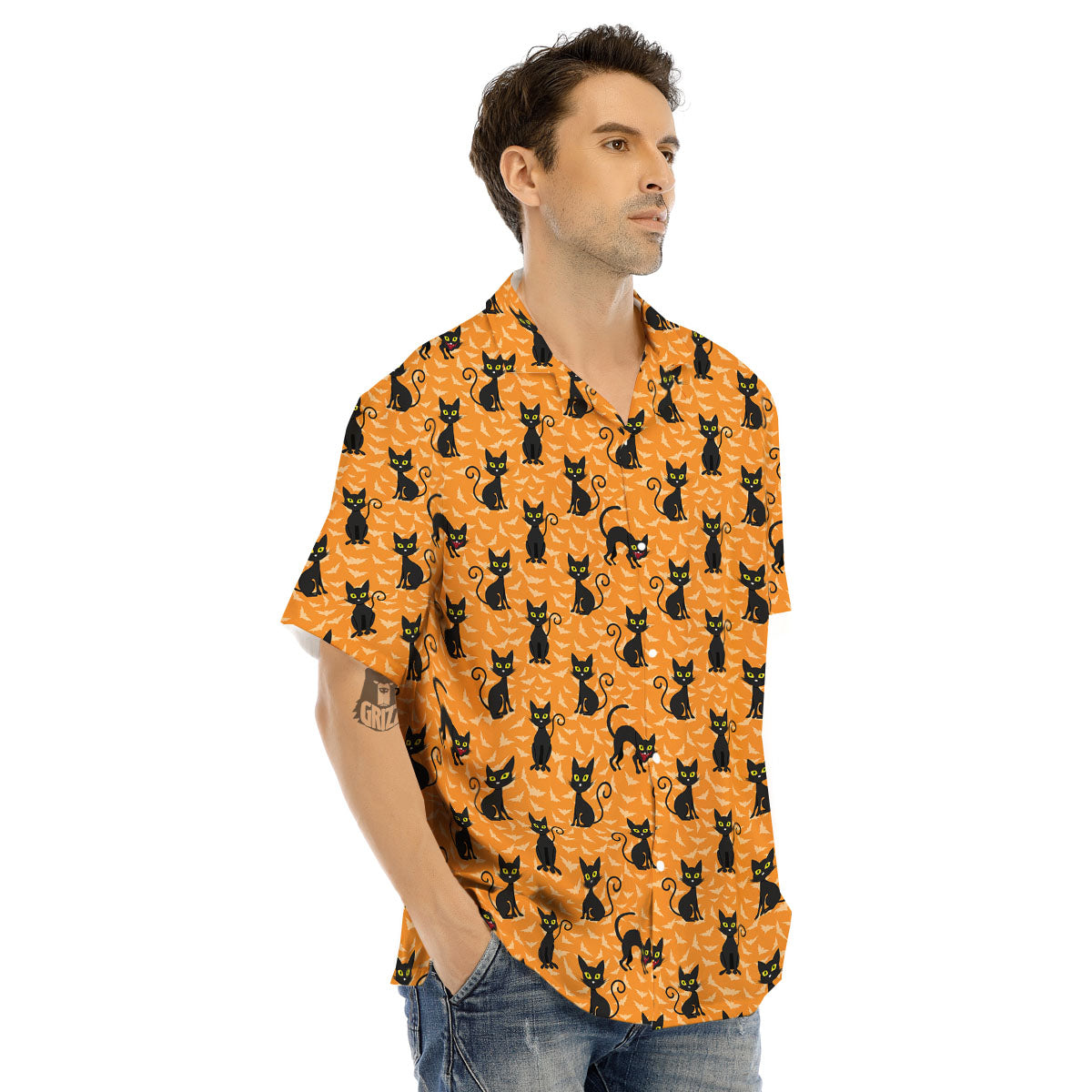 Black Cat Halloween Print Pattern Men's Hawaiian Shirt-grizzshop