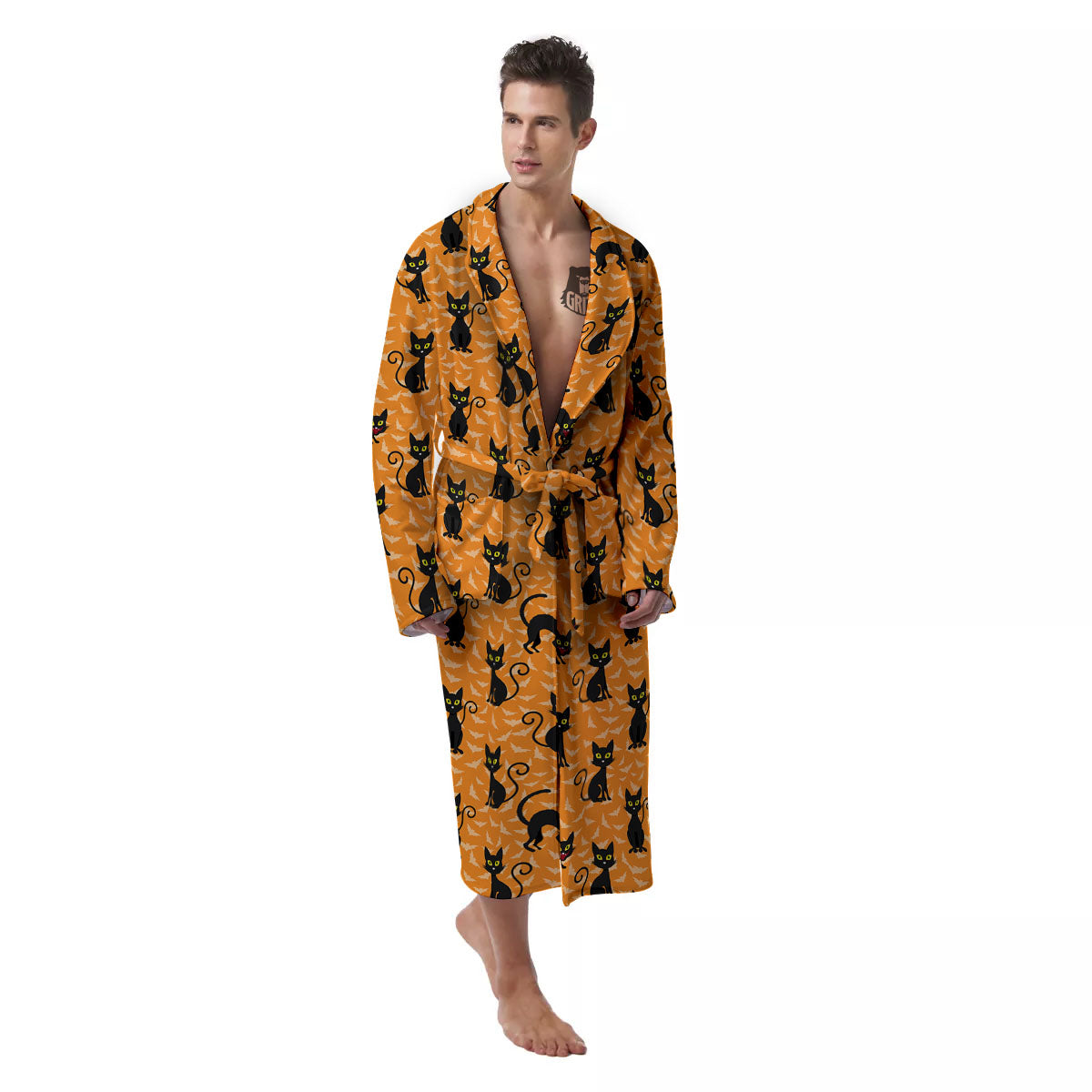 Black Cat Halloween Print Pattern Men's Robe-grizzshop