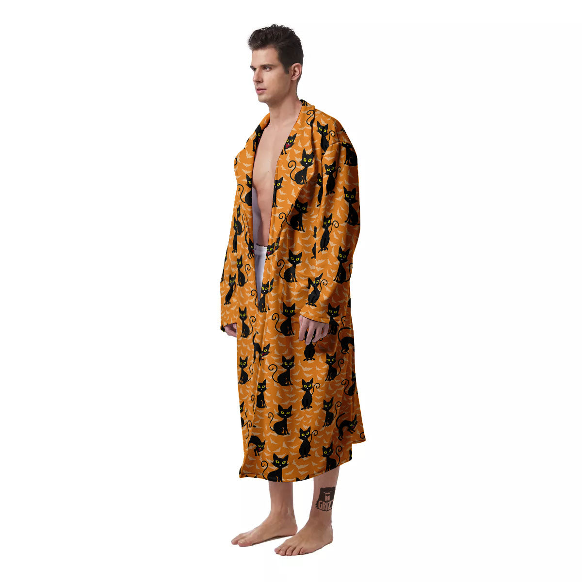 Black Cat Halloween Print Pattern Men's Robe-grizzshop