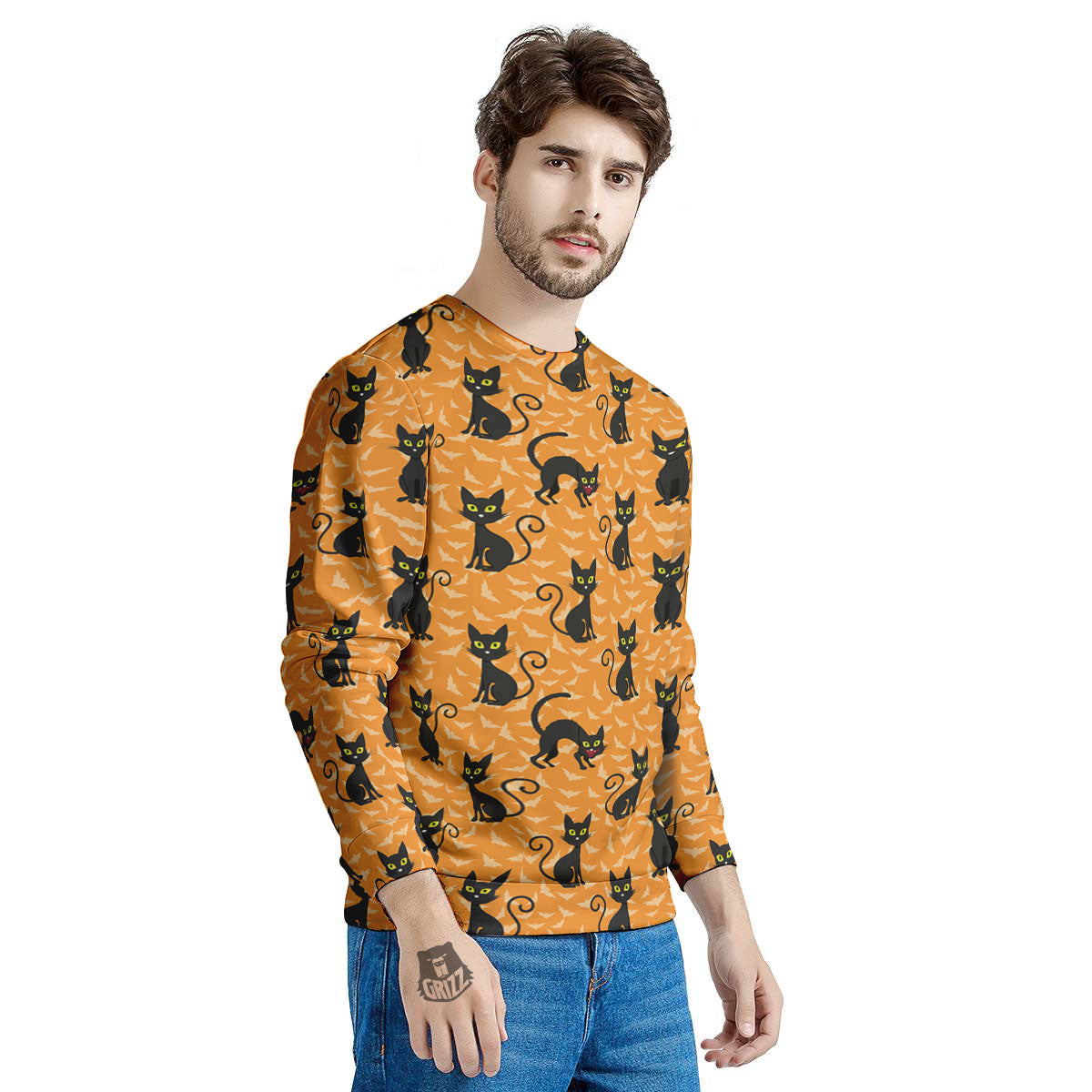 Black Cat Halloween Print Pattern Men's Sweatshirt-grizzshop
