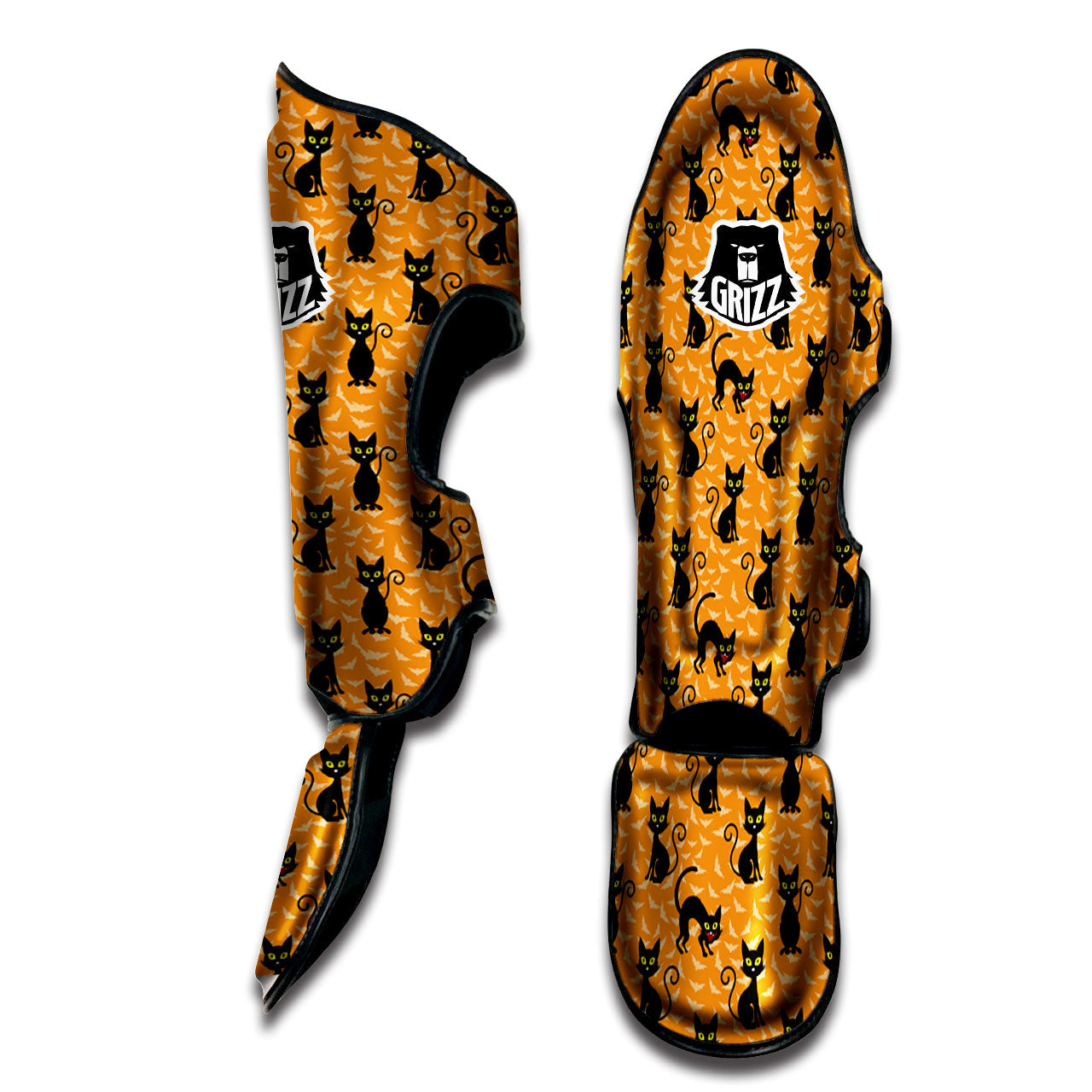 Black Cat Halloween Print Pattern Muay Thai Shin Guards-grizzshop