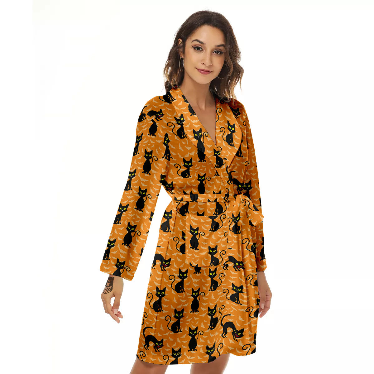 Black Cat Halloween Print Pattern Women's Robe-grizzshop