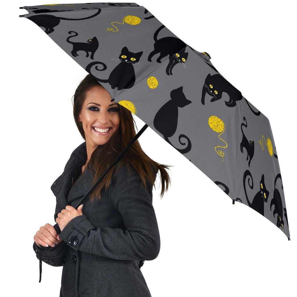 Black Cat Knit Pattern Print Automatic Foldable Umbrella-grizzshop