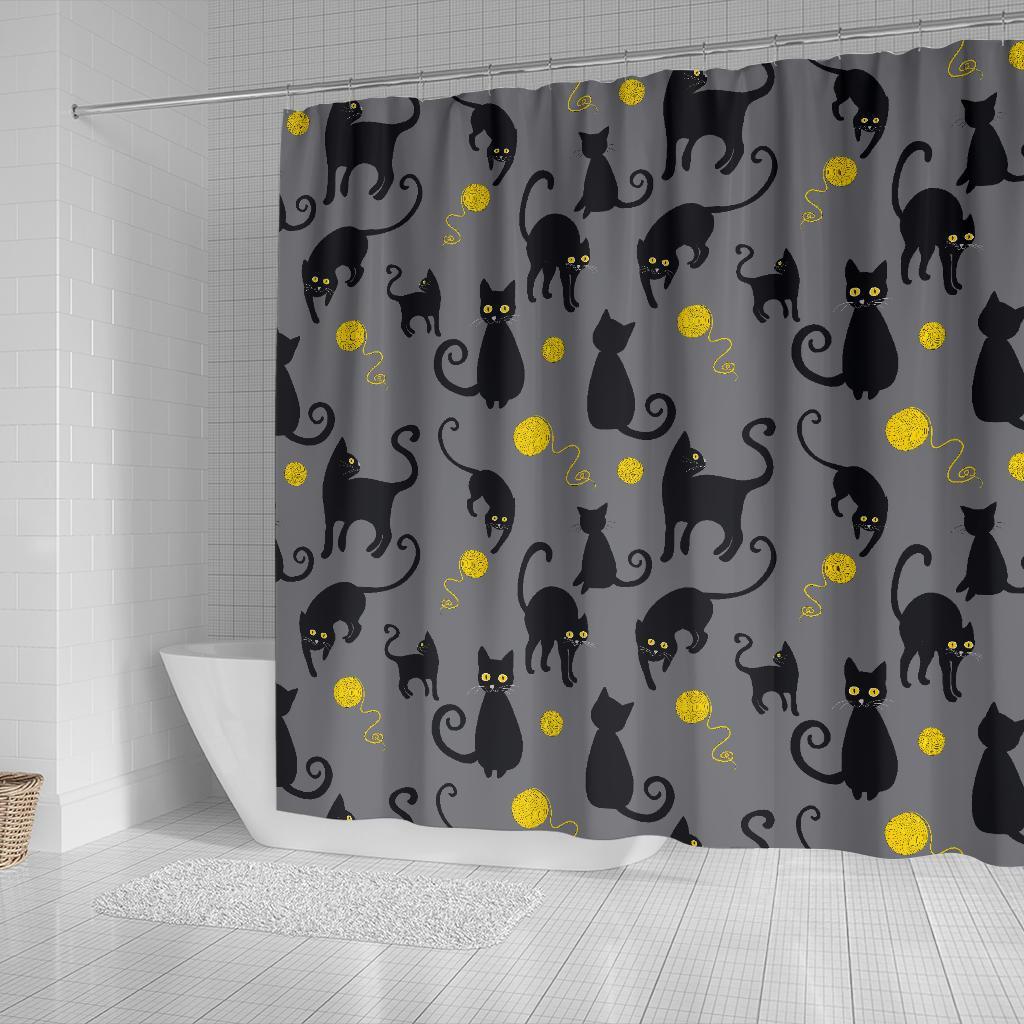 Black Cat Knit Pattern Print Bathroom Shower Curtain-grizzshop