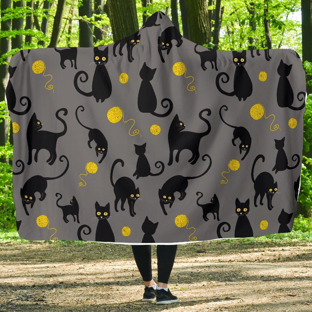 Black Cat Knit Pattern Print Hooded Blanket-grizzshop