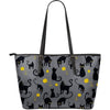 Black Cat Knit Pattern Print Leather Tote Bag-grizzshop