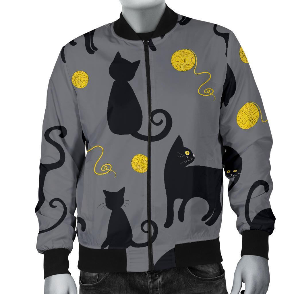 Black Cat Knit Pattern Print Men's Bomber Jacket-grizzshop