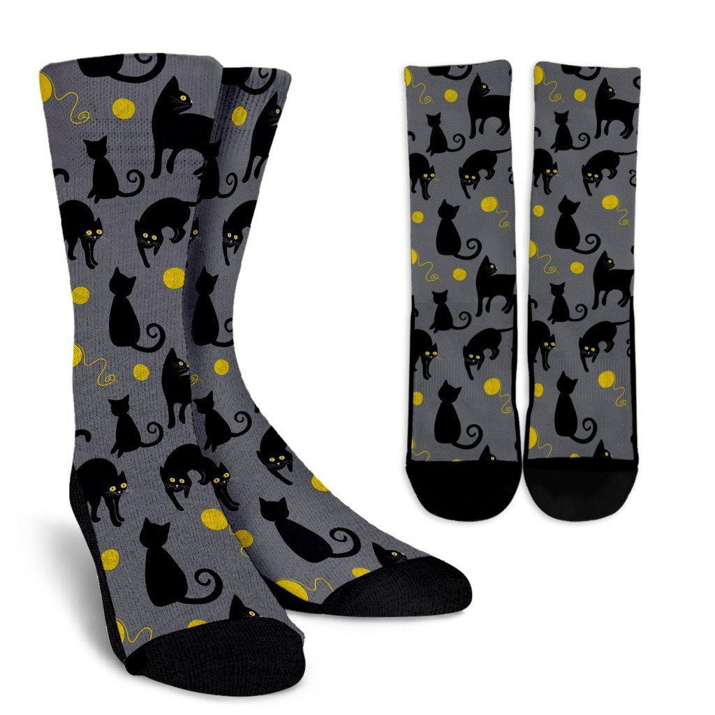 Black Cat Knit Pattern Print Unisex Crew Socks-grizzshop