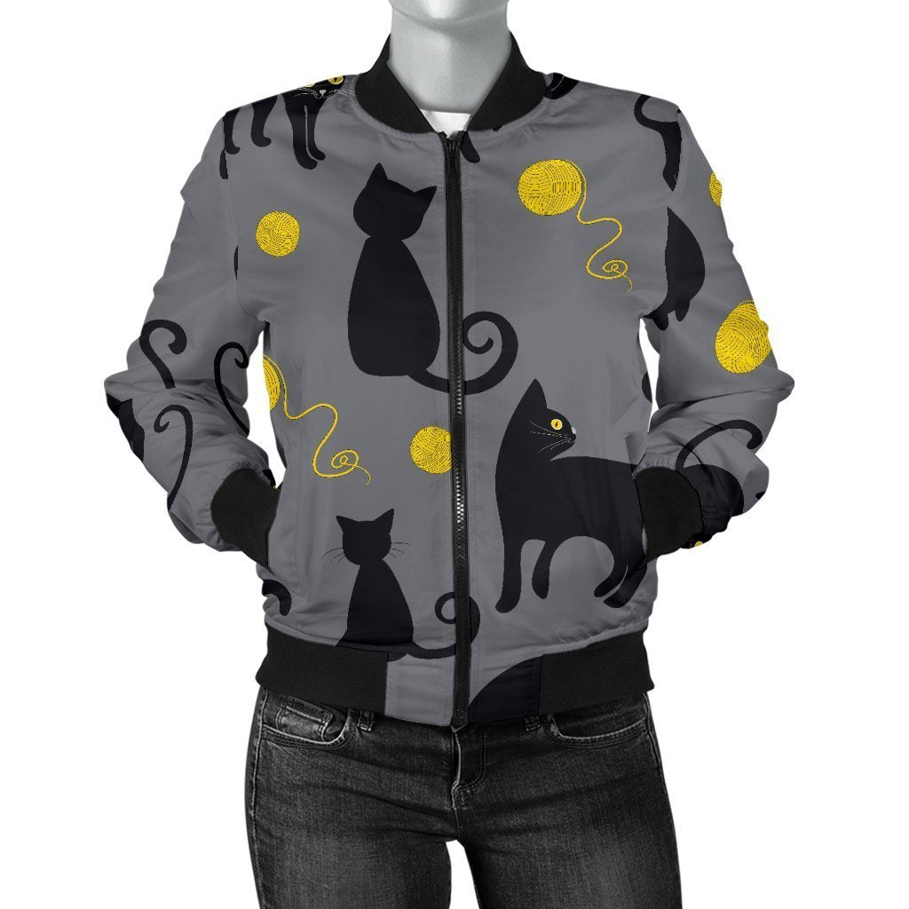 Black Cat Knit Pattern Print Women Casual Bomber Jacket-grizzshop