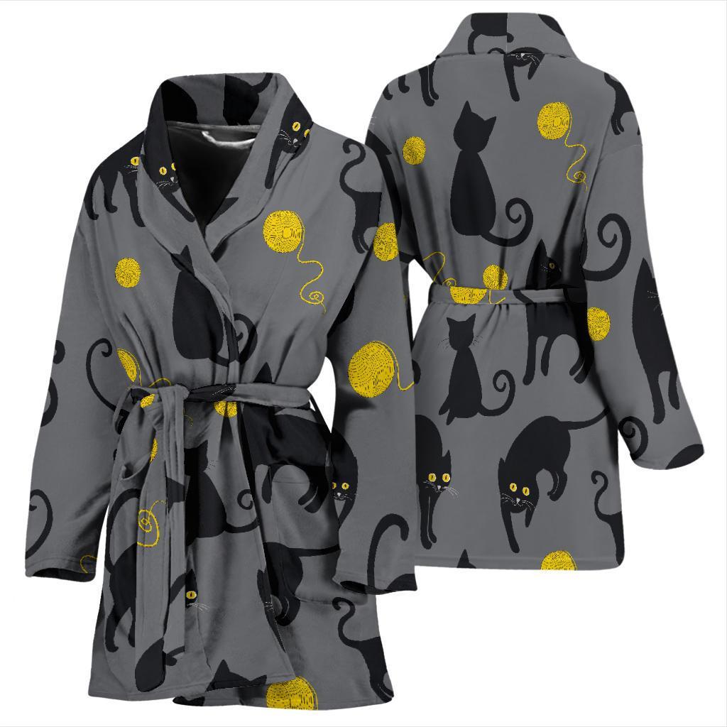 Black Cat Knit Pattern Print Women Long Robe-grizzshop