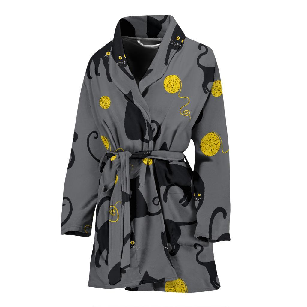 Black Cat Knit Pattern Print Women Long Robe-grizzshop