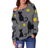 Black Cat Knit Pattern Print Women Off Shoulder Sweatshirt-grizzshop