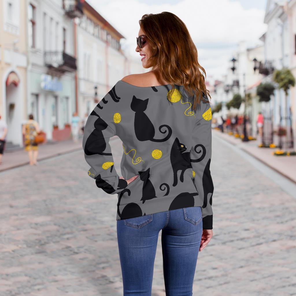 Black Cat Knit Pattern Print Women Off Shoulder Sweatshirt-grizzshop