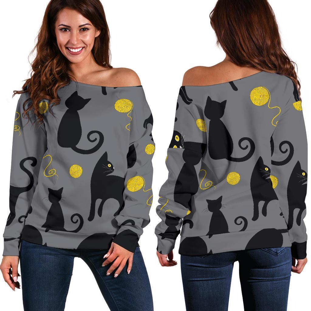 Black Cat Knit Pattern Print Women Off Shoulder Sweatshirt-grizzshop