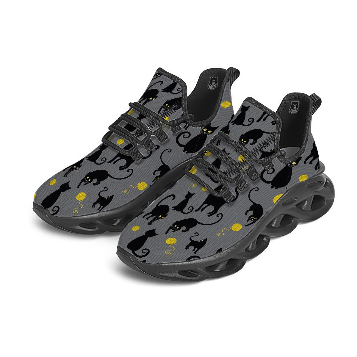 Black Cat Knit Print Black Running Shoes-grizzshop