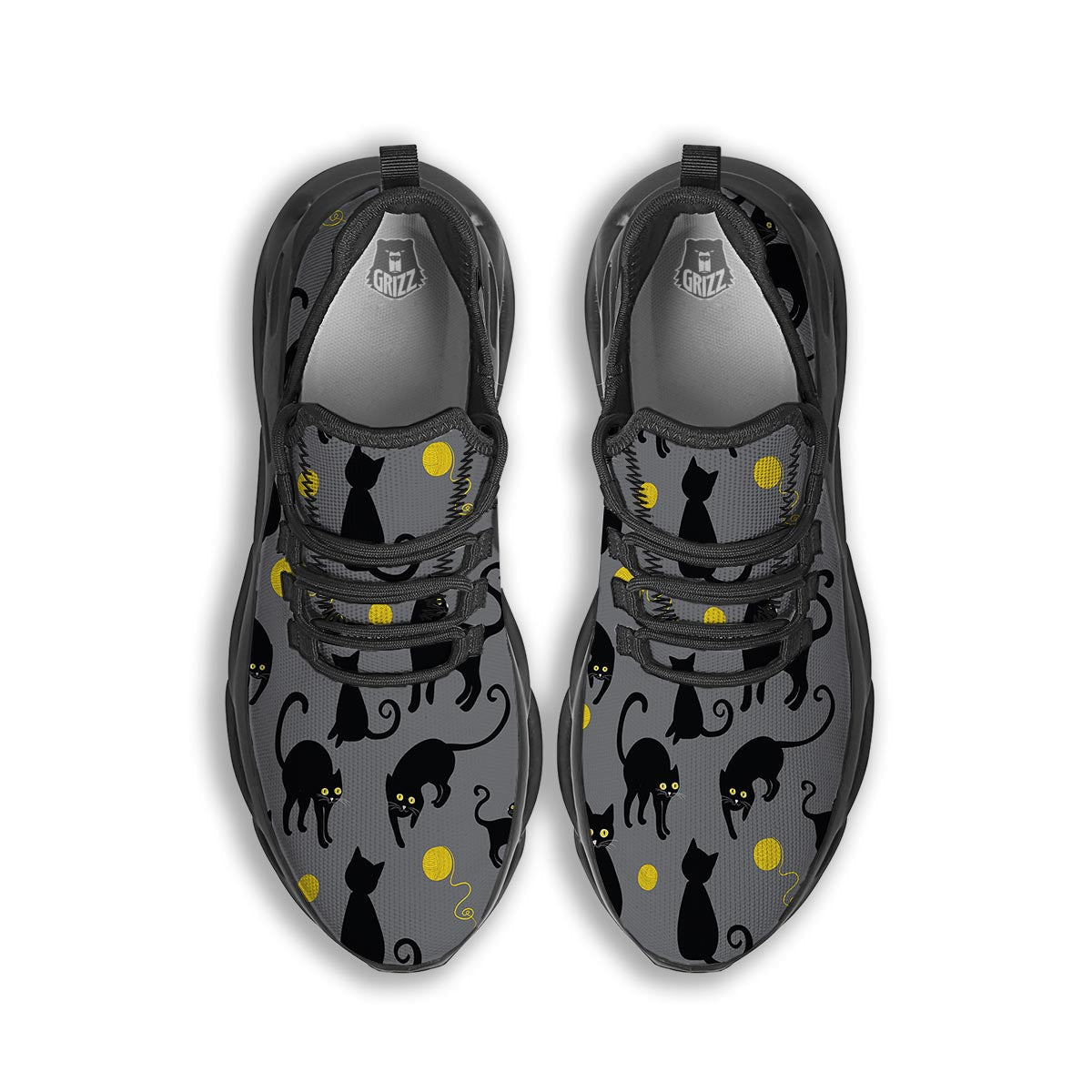 Black Cat Knit Print Black Running Shoes-grizzshop