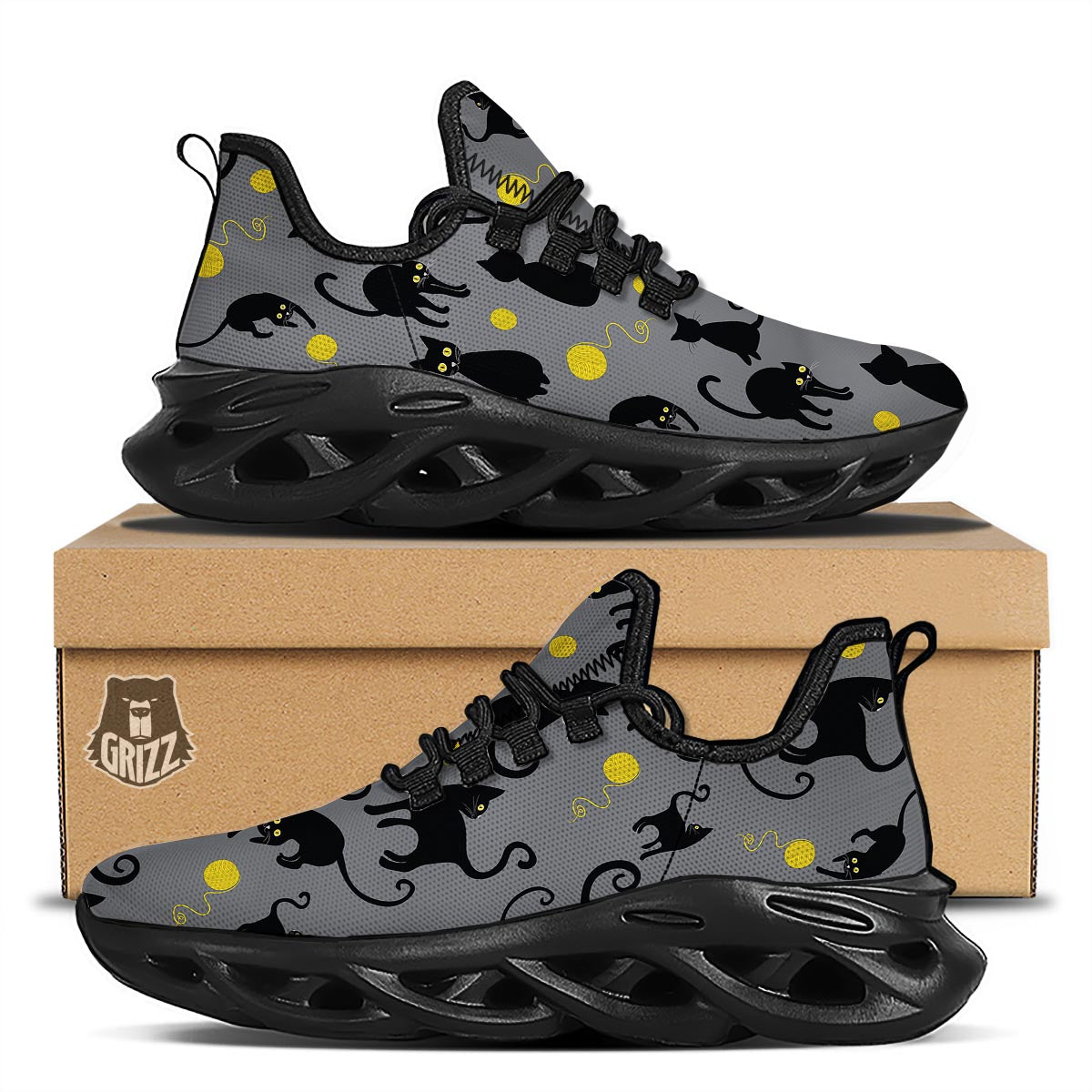 Black Cat Knit Print Black Running Shoes-grizzshop