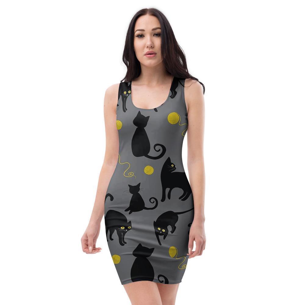 Black Cat Knit Print Bodycon Dress-grizzshop