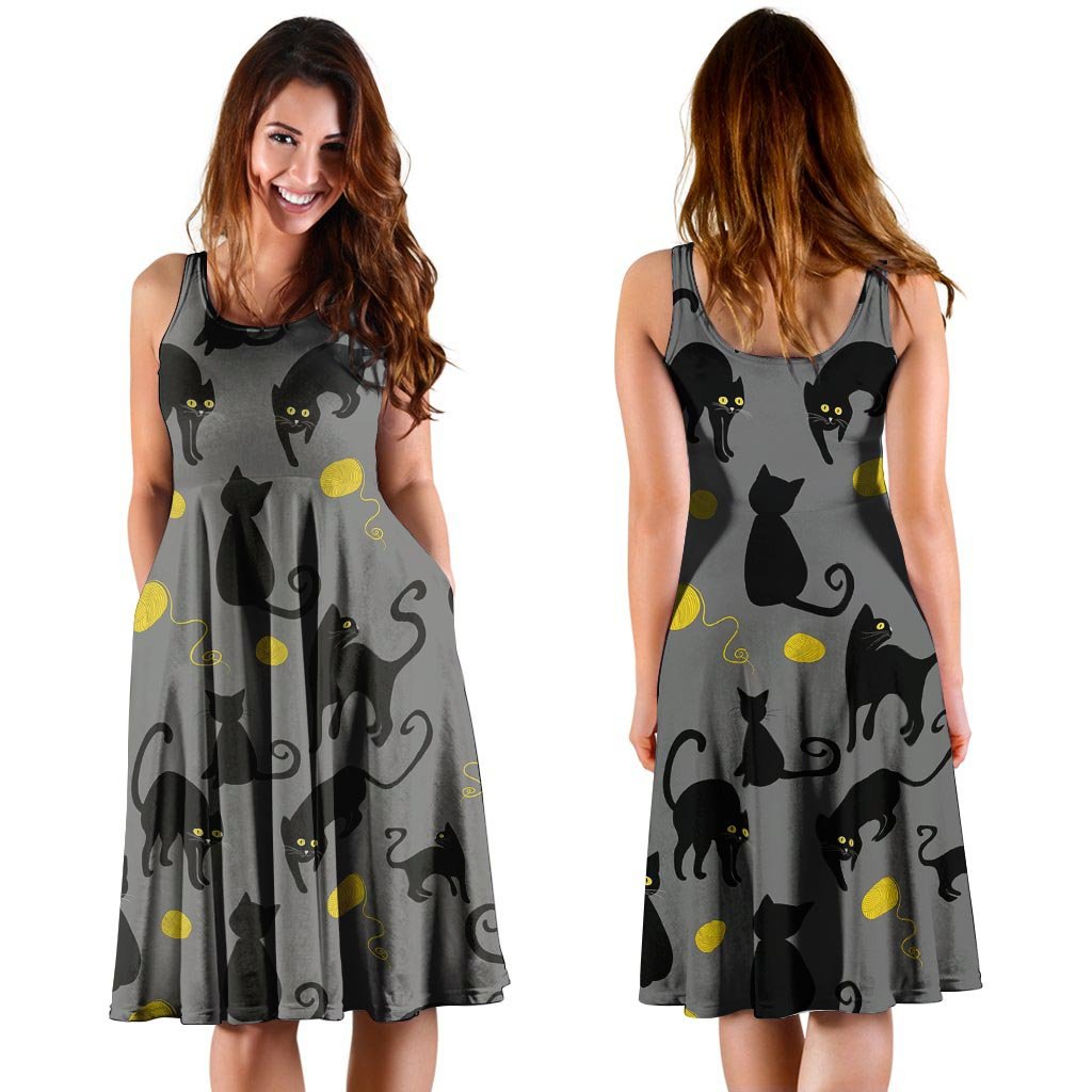 Black Cat Knit Print Dress-grizzshop