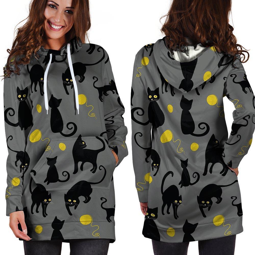 Black Cat Knit Print Hoodie Dress-grizzshop