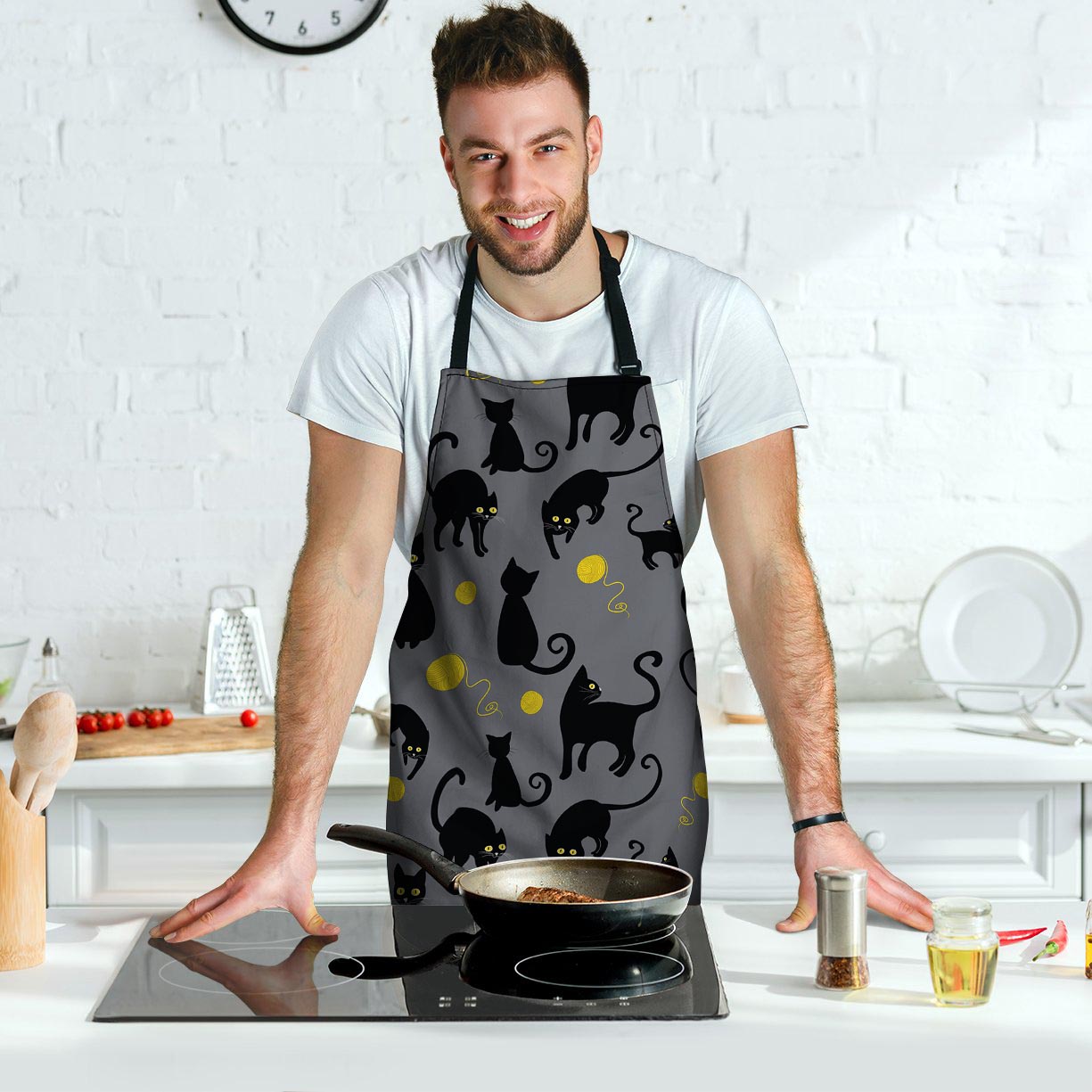 Black Cat Knit Print Men's Apron-grizzshop