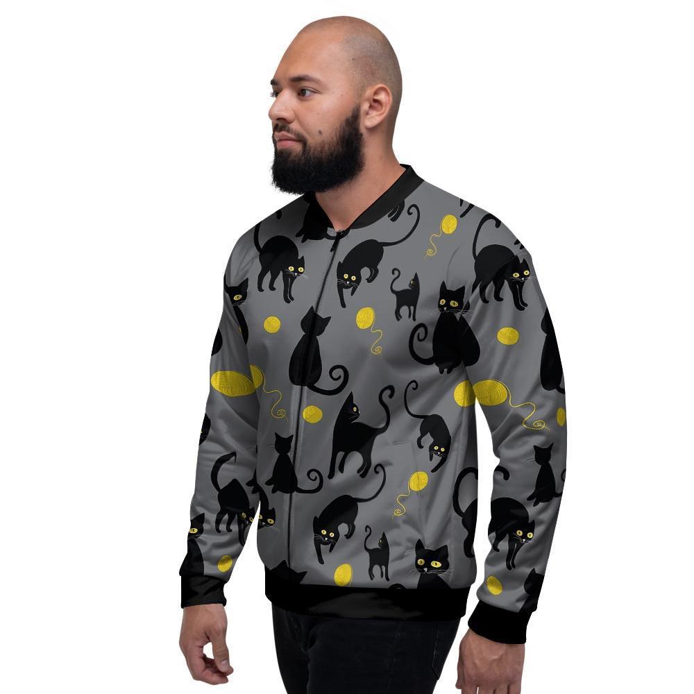 Black Cat Knit Print Men's Bomber Jacket-grizzshop