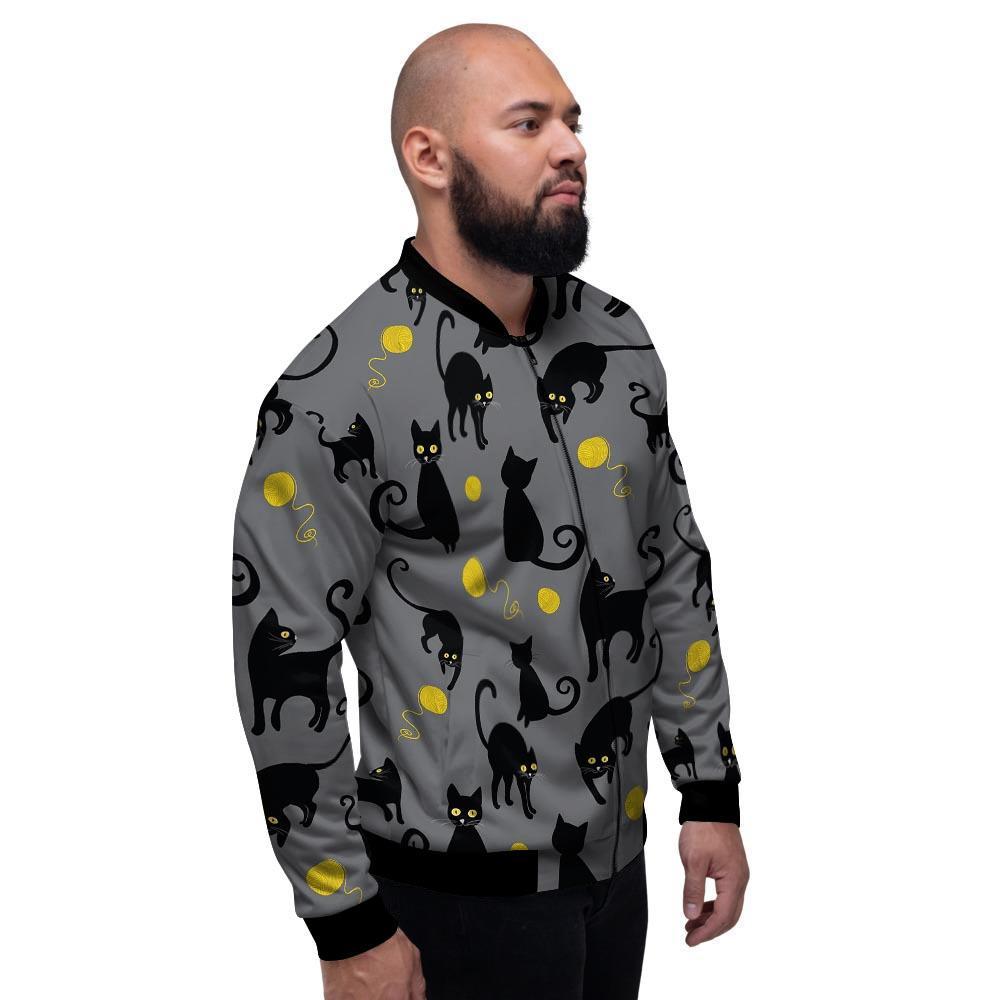 Black Cat Knit Print Men's Bomber Jacket-grizzshop