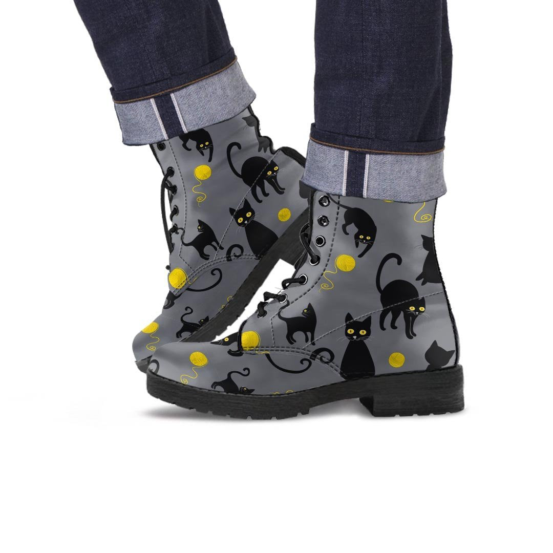 Black Cat Knit Print Men's Boots-grizzshop