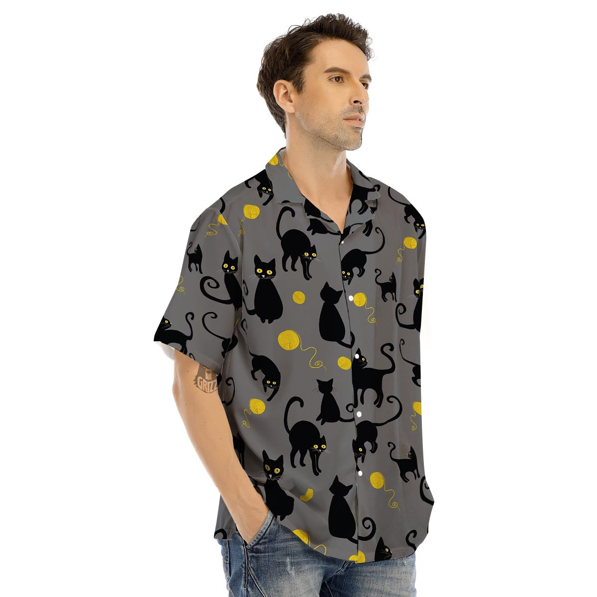 Black Cat Knit Print Men’s Hawaiian Shirt-grizzshop