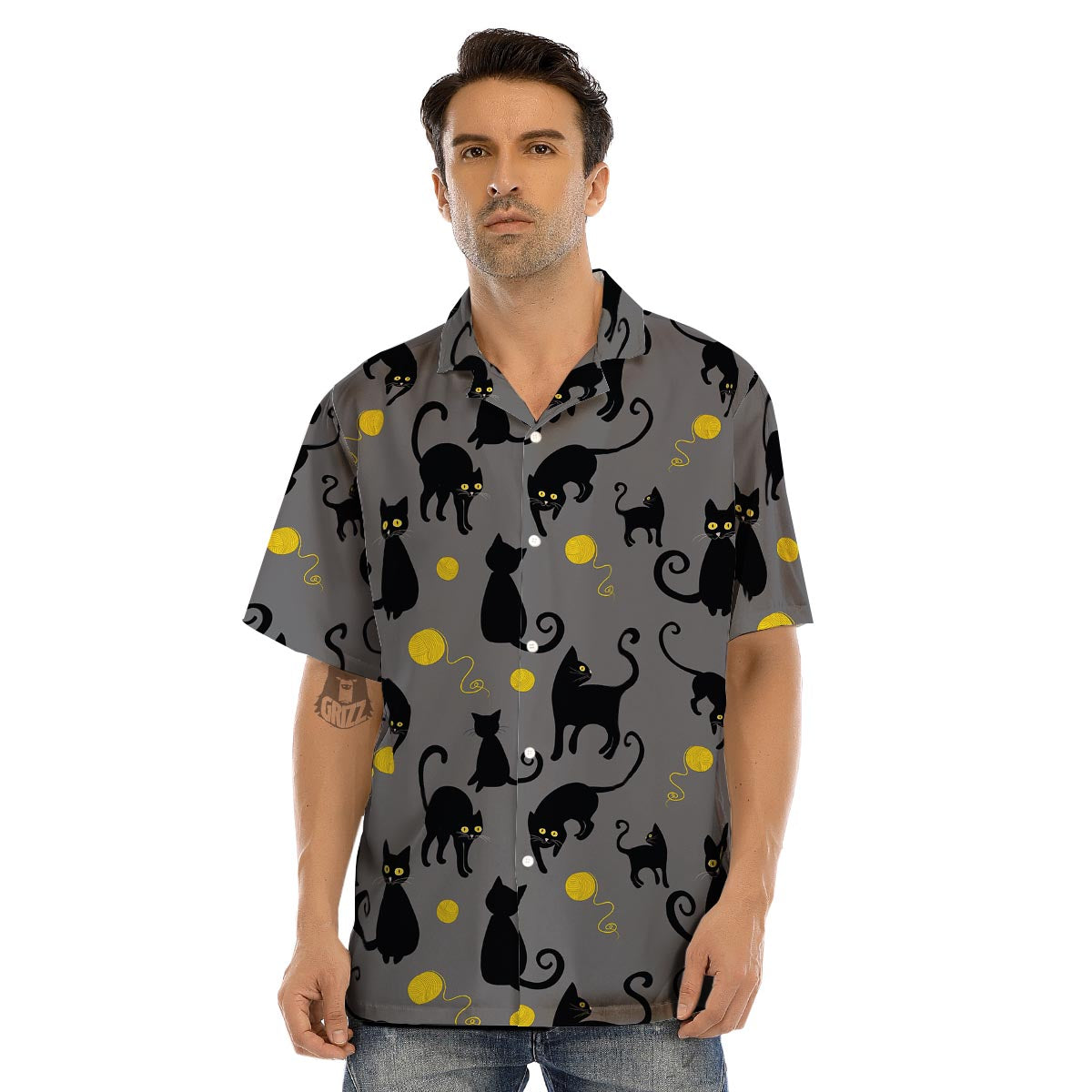 Black Cat Knit Print Men’s Hawaiian Shirt-grizzshop