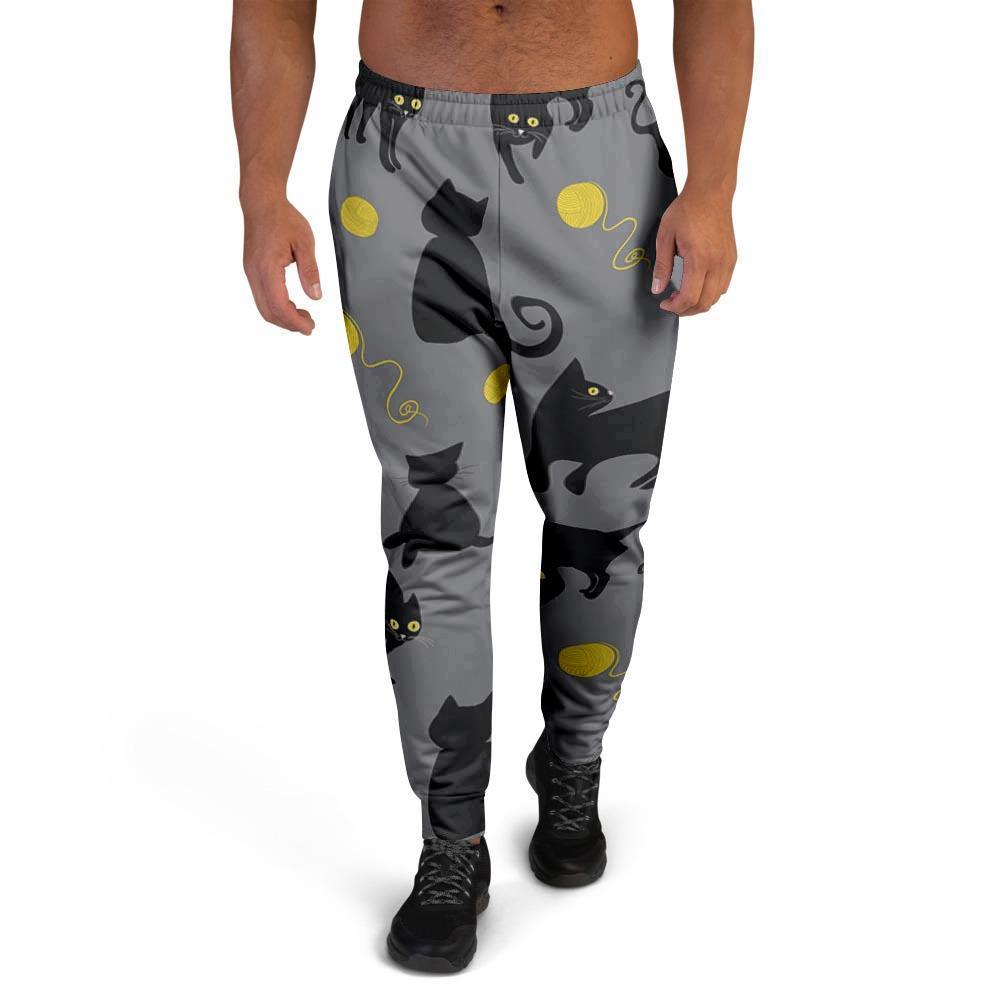 Black Cat Knit Print Men's Joggers-grizzshop