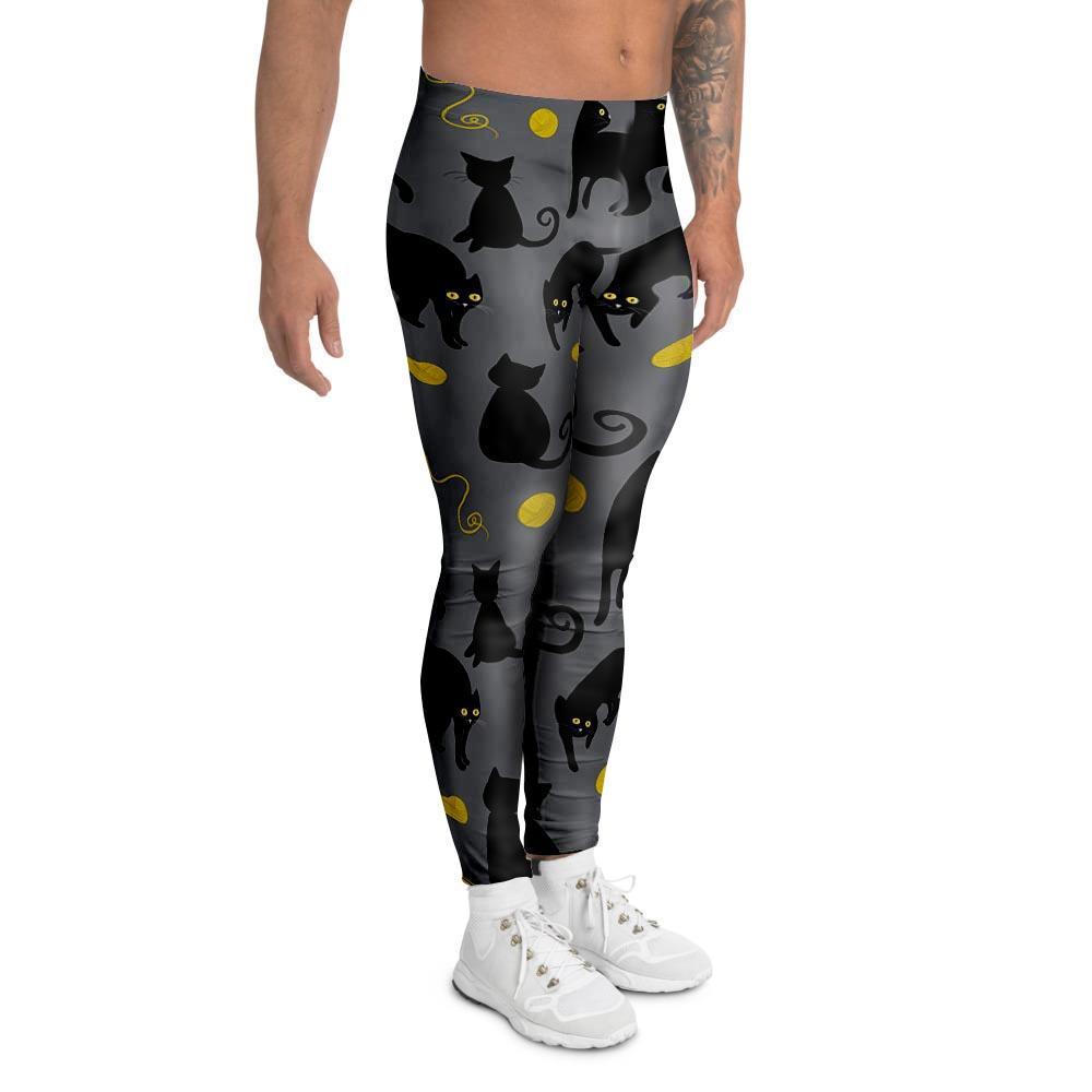 Black Cat Knit Print Men's Leggings-grizzshop