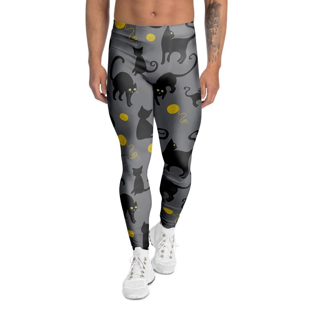 Black Cat Knit Print Men's Leggings-grizzshop