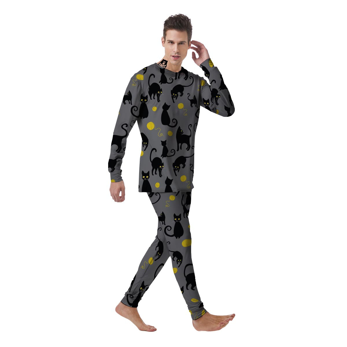 Black Cat Knit Print Men's Pajamas-grizzshop