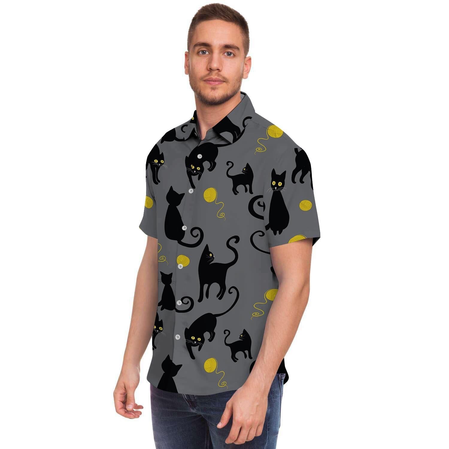 Black Cat Knit Print Men's Short Sleeve Shirt-grizzshop