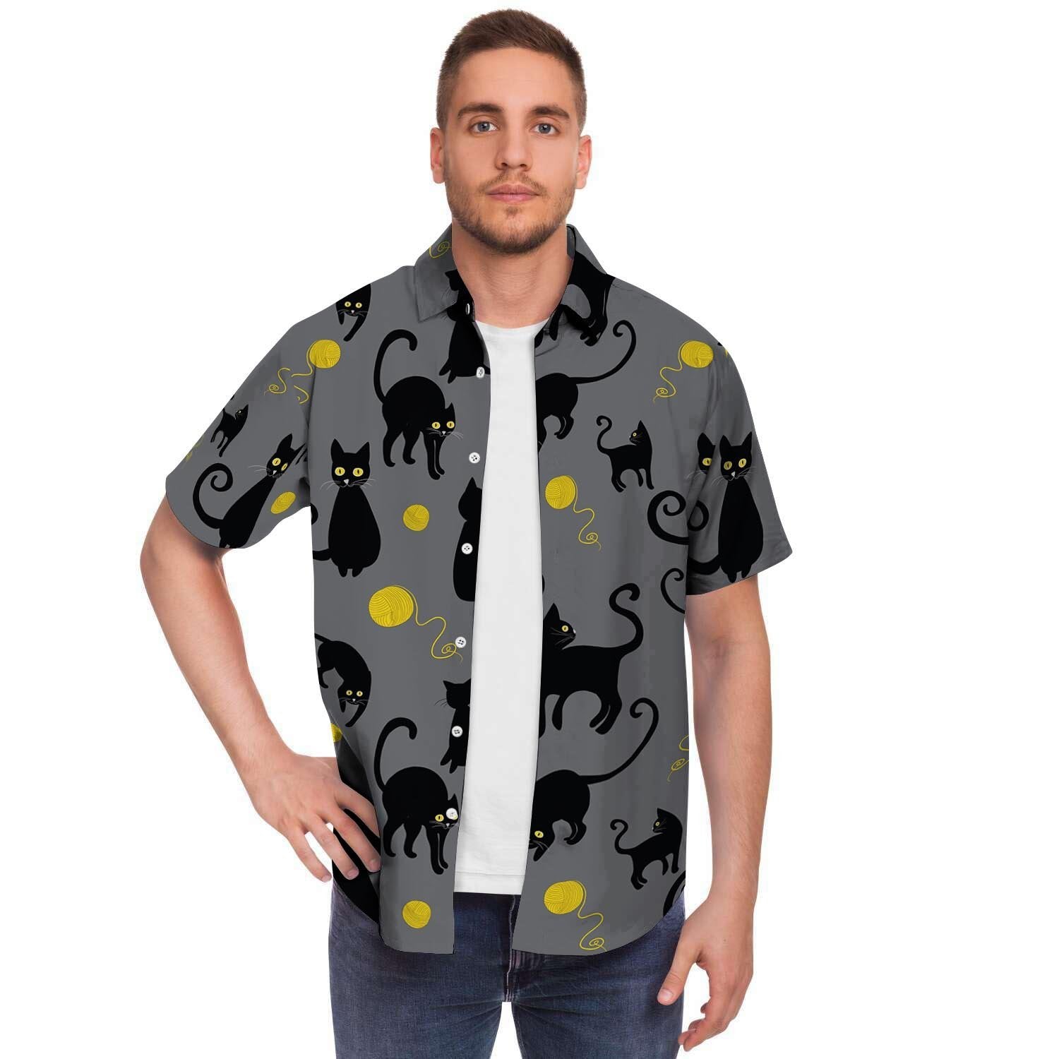 Black Cat Knit Print Men's Short Sleeve Shirt-grizzshop