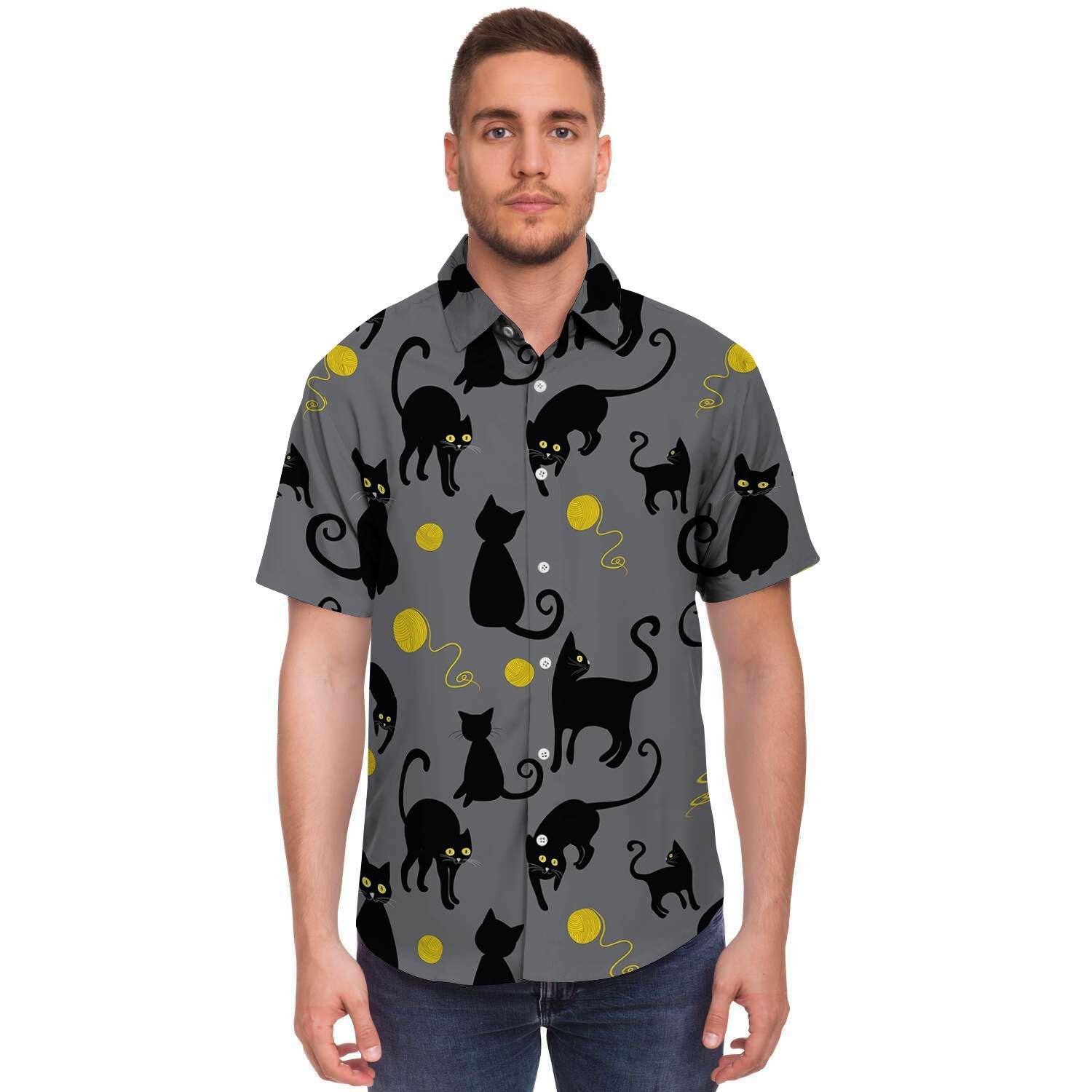 Black Cat Knit Print Men's Short Sleeve Shirt-grizzshop