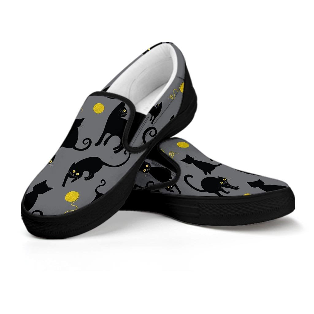 Black Cat Knit Print Men's Slip On Sneakers-grizzshop