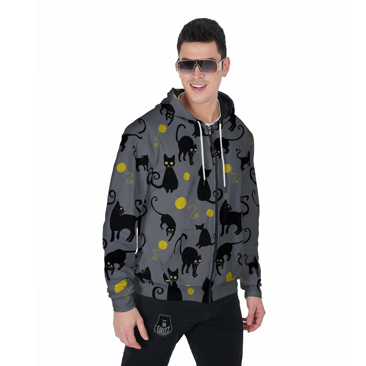 Black Cat Knit Print Men's Zip Up Hoodie-grizzshop