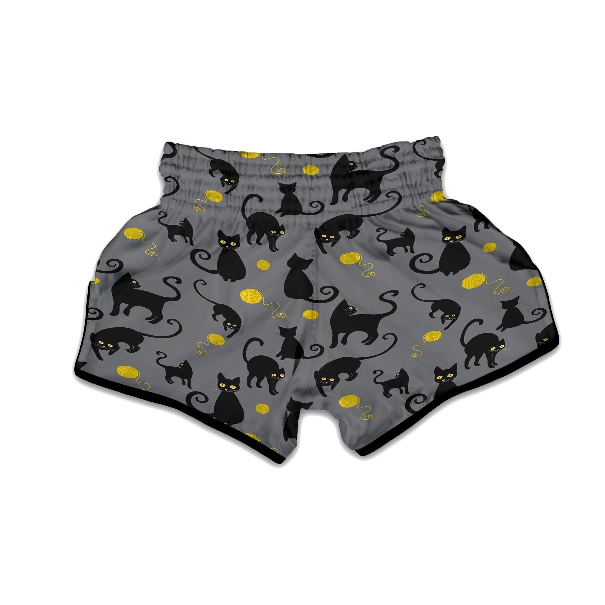 Black Cat Knit Print Muay Thai Boxing Shorts-grizzshop