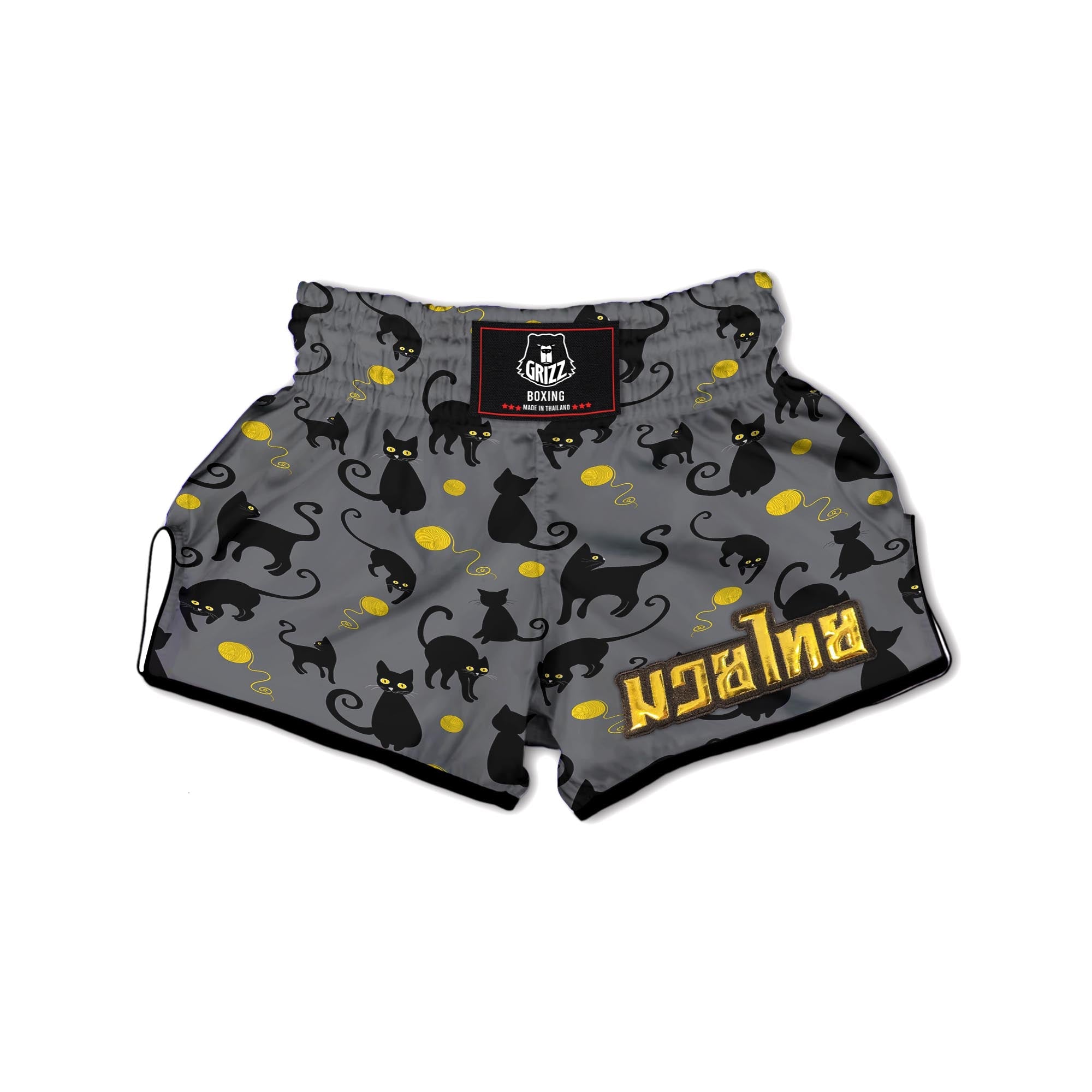 Black Cat Knit Print Muay Thai Boxing Shorts-grizzshop